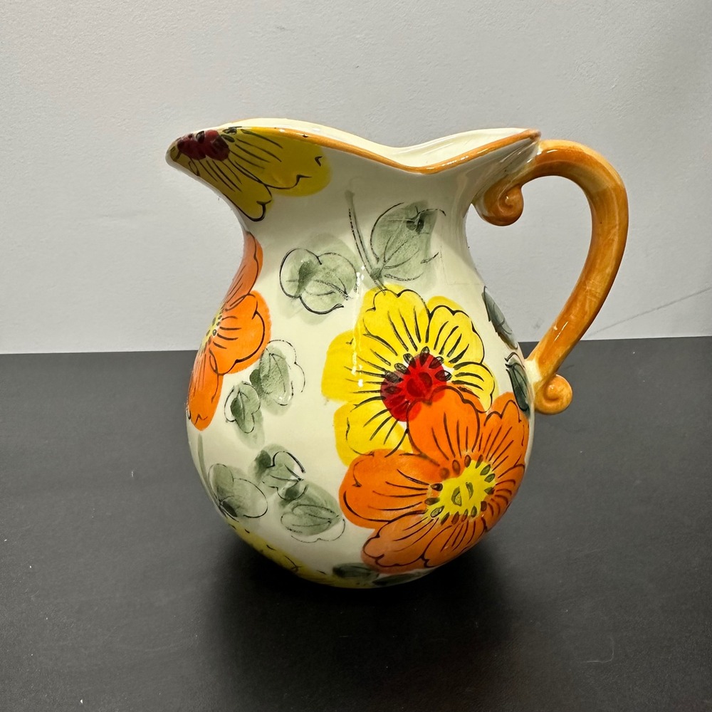 Vintage Floral Ceramic Pitcher Cream Yellow Orange Flowers Kitchen Decor‎